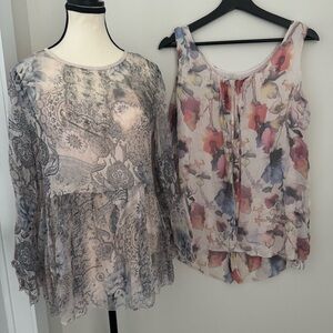 2 Silk Sheer Floral Tops Made in Italy Pink Watercolor Tank + 3/4 Sleeve Blouse